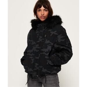Superdry Toya Rookie Parka Jacket in Black Camo Faux Fur Lined US 12 Winter Warm